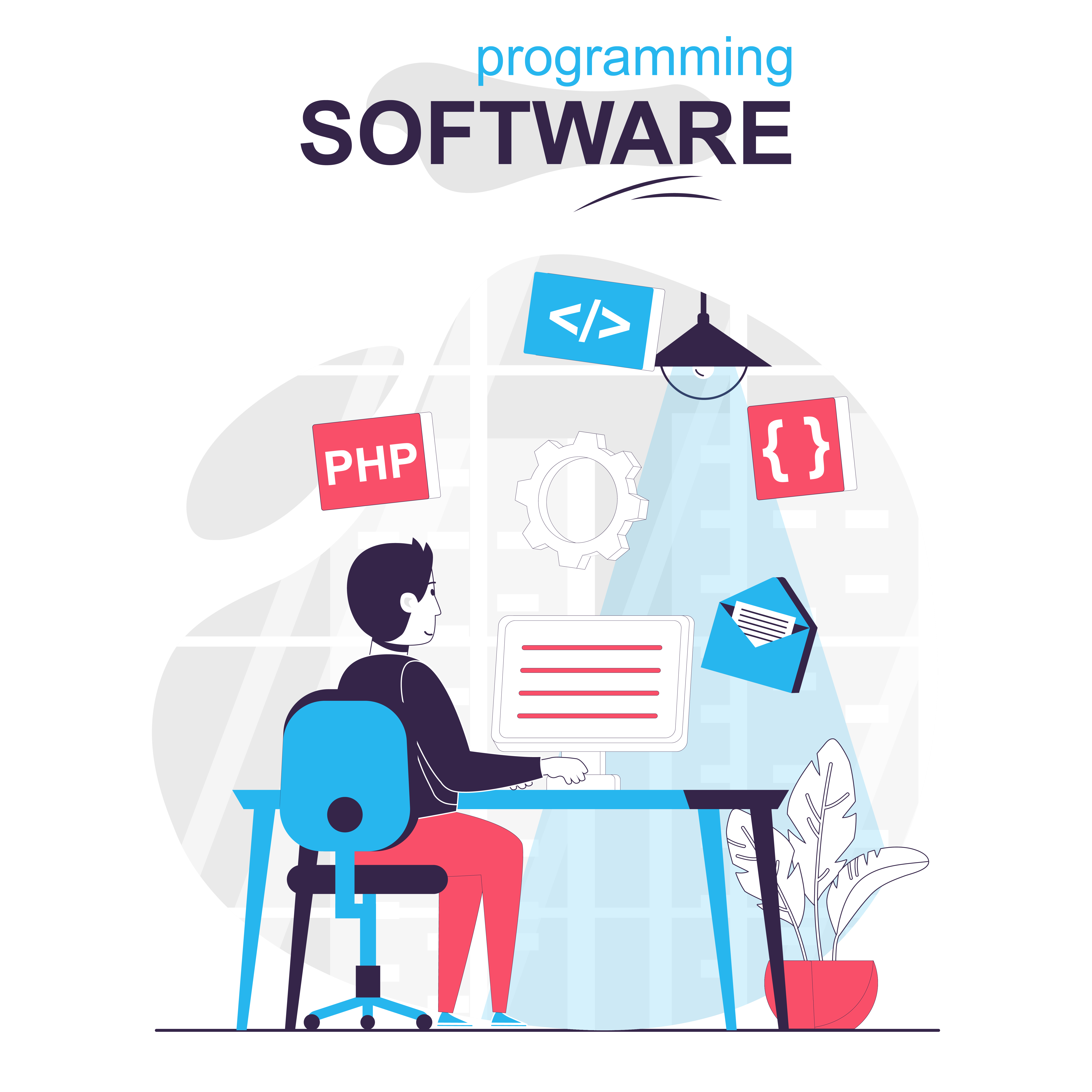 Programming software isolated cartoon concept. Developer programs in php  language at computer people scene in flat design. Vector illustration for  blogging, website, mobile app, promotional materials. 3555511 Vector Art at  Vecteezy