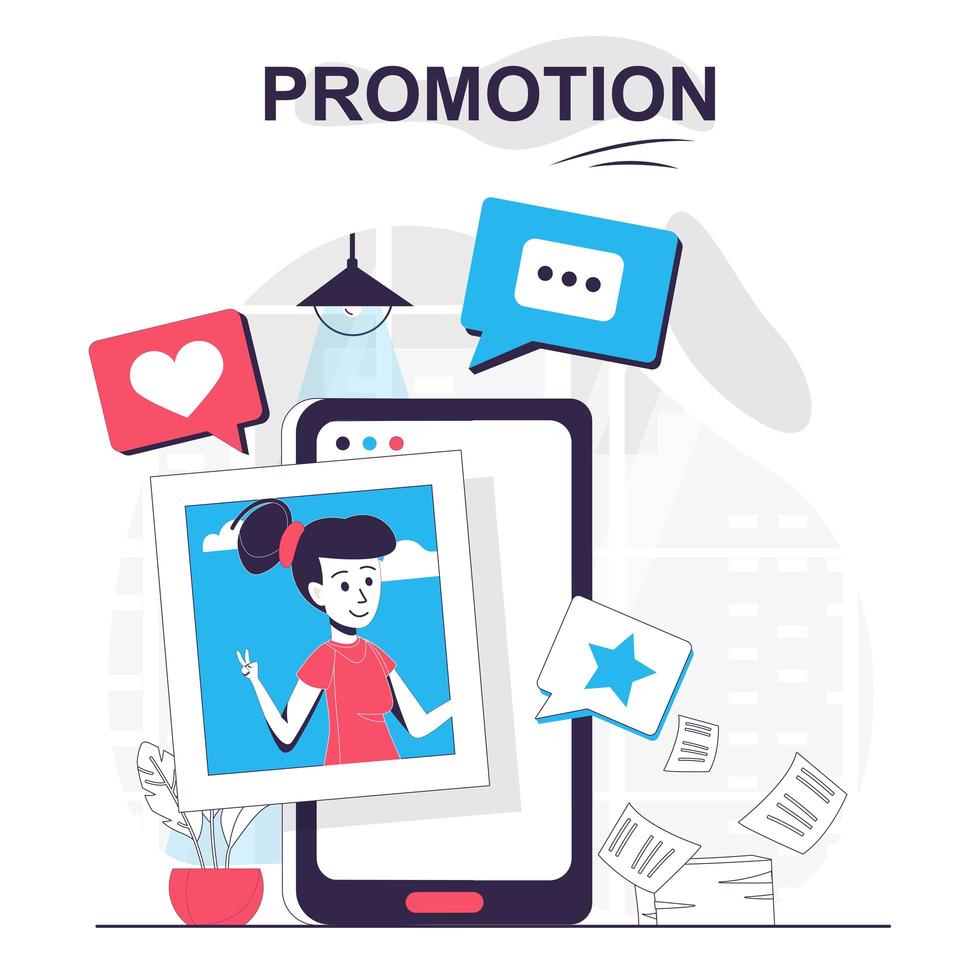 promoción aislada concepto de dibujos animados. marketing digital, promoción online en redes sociales, escena de personas en diseño plano. ilustración vectorial para blogs, sitios web, aplicaciones móviles, materiales promocionales. vector