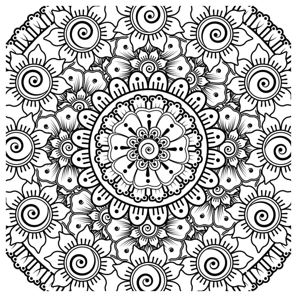 adorno decorativo de flores mehndi en estilo étnico oriental, adorno de doodle, dibujo a mano de contorno. página de libro para colorear. vector