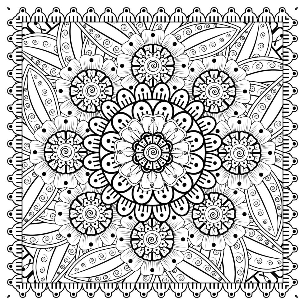 Outline square flower pattern in mehndi style for coloring book page vector