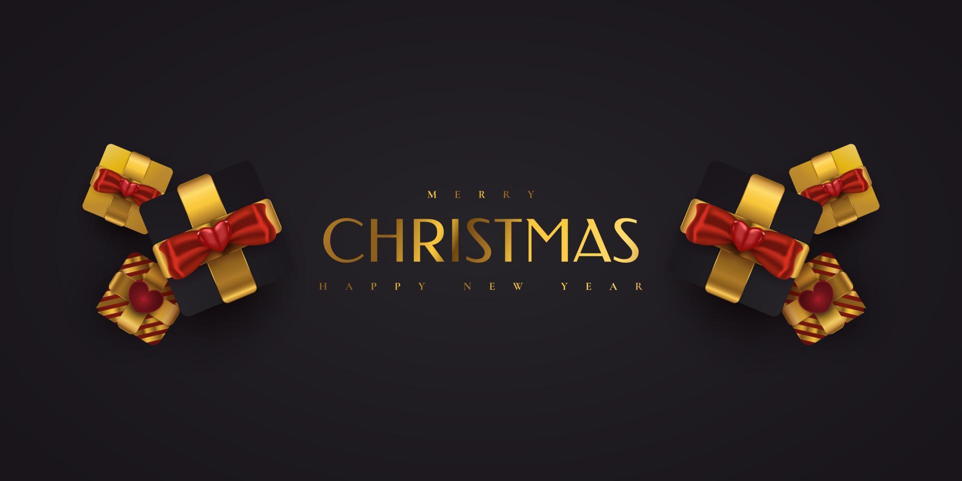 Merry Christmas and Happy New Year Banner or Poster. Elegant Christmas Greeting card in Black and Gold with Luxury Gift Box vector