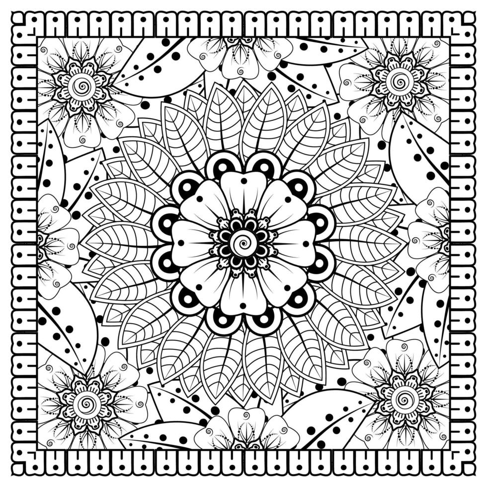 Outline square flower pattern in mehndi style for coloring book page vector