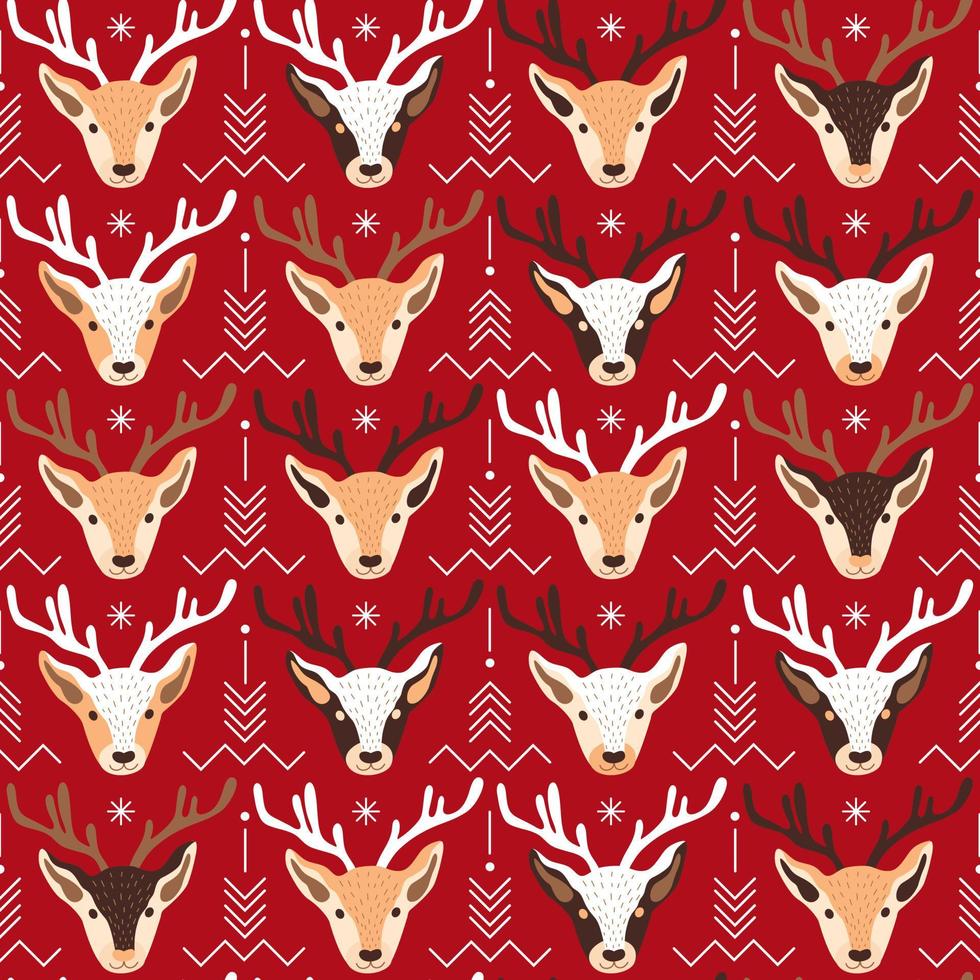 Christmas pattern with heads of reindeers and ornaments on red background vector