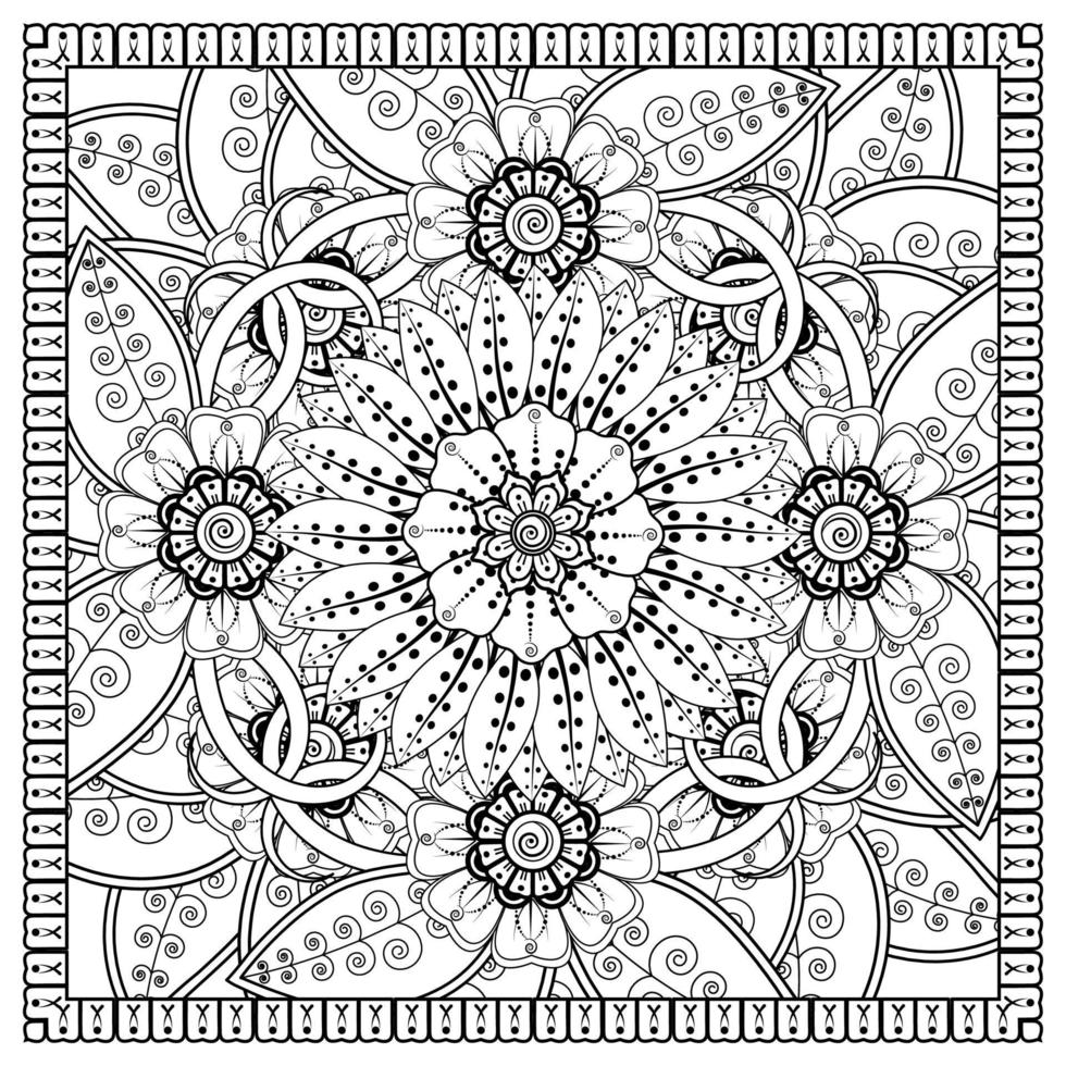 Outline square flower pattern in mehndi style for coloring book page