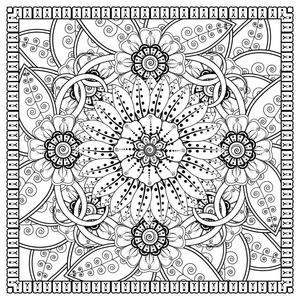 Outline square flower pattern in mehndi style for coloring book page vector