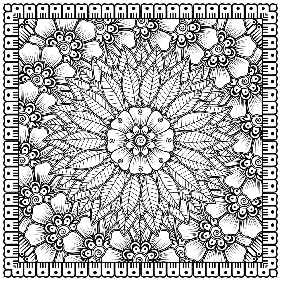 Outline square flower pattern in mehndi style for coloring book page vector