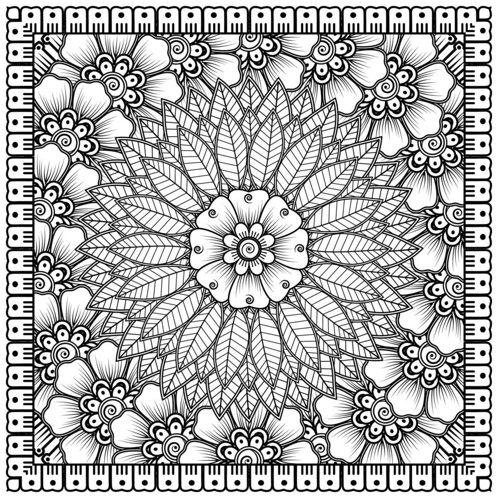 Esquema de patrón de flores cuadradas en estilo mehndi para colorear la página del libro vector