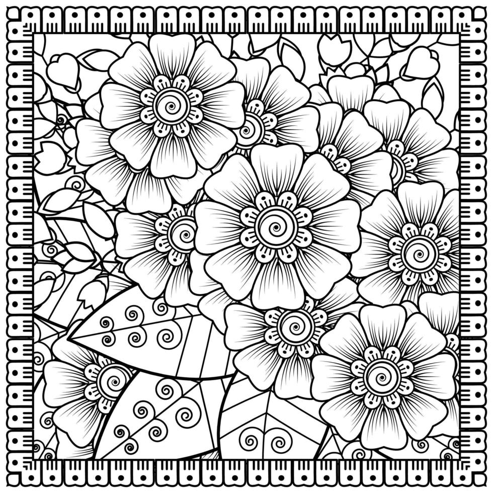 Outline square flower pattern in mehndi style for coloring book page vector