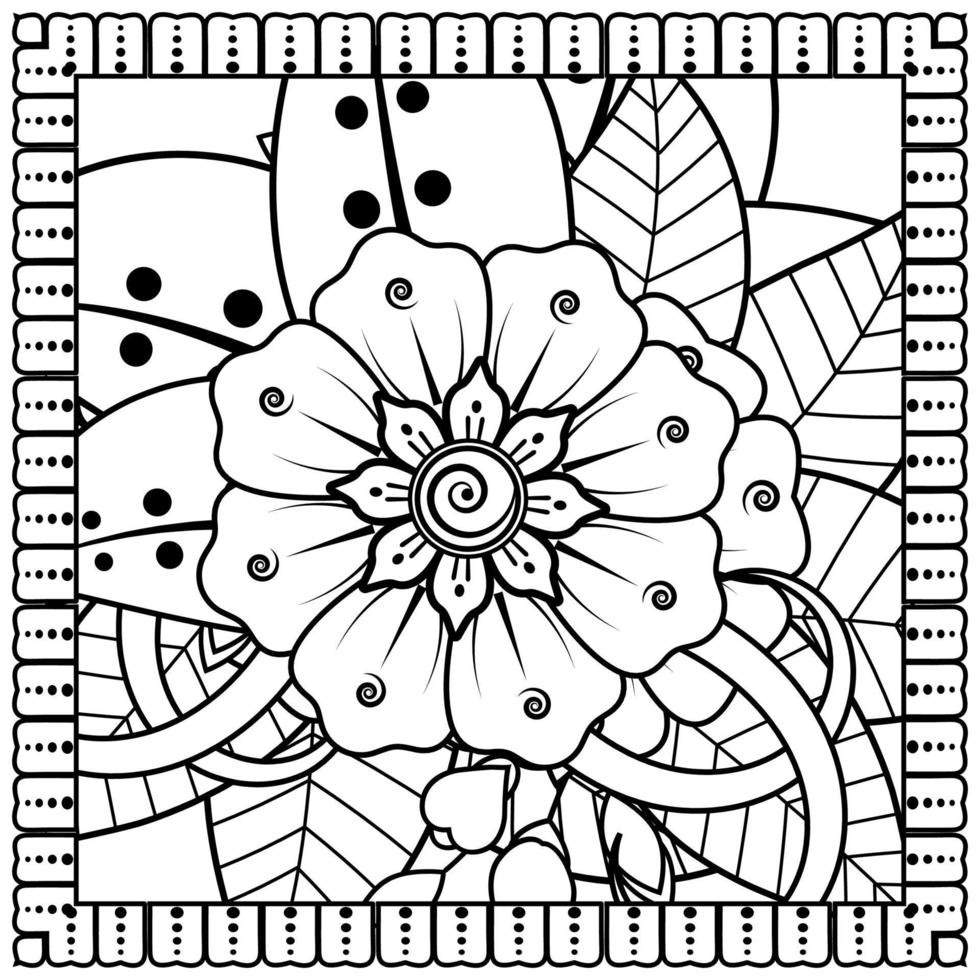 Outline square flower pattern in mehndi style for coloring book page vector