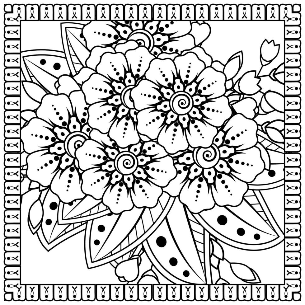 Outline square flower pattern in mehndi style for coloring book page vector