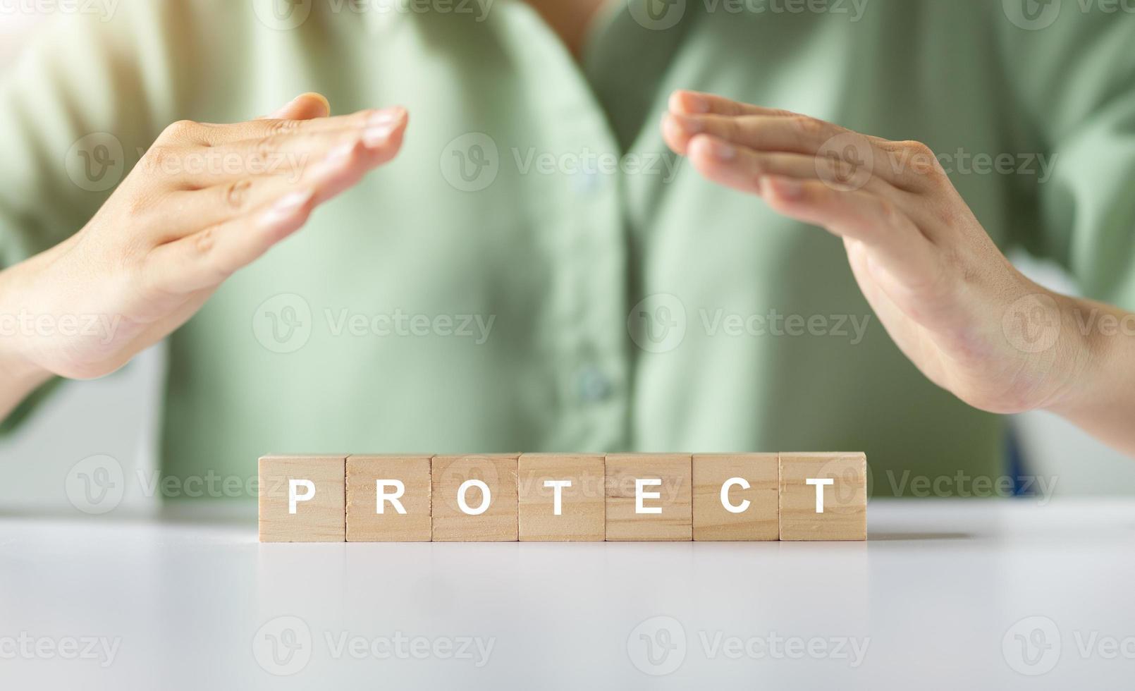 Asian woman hand cover protect word photo