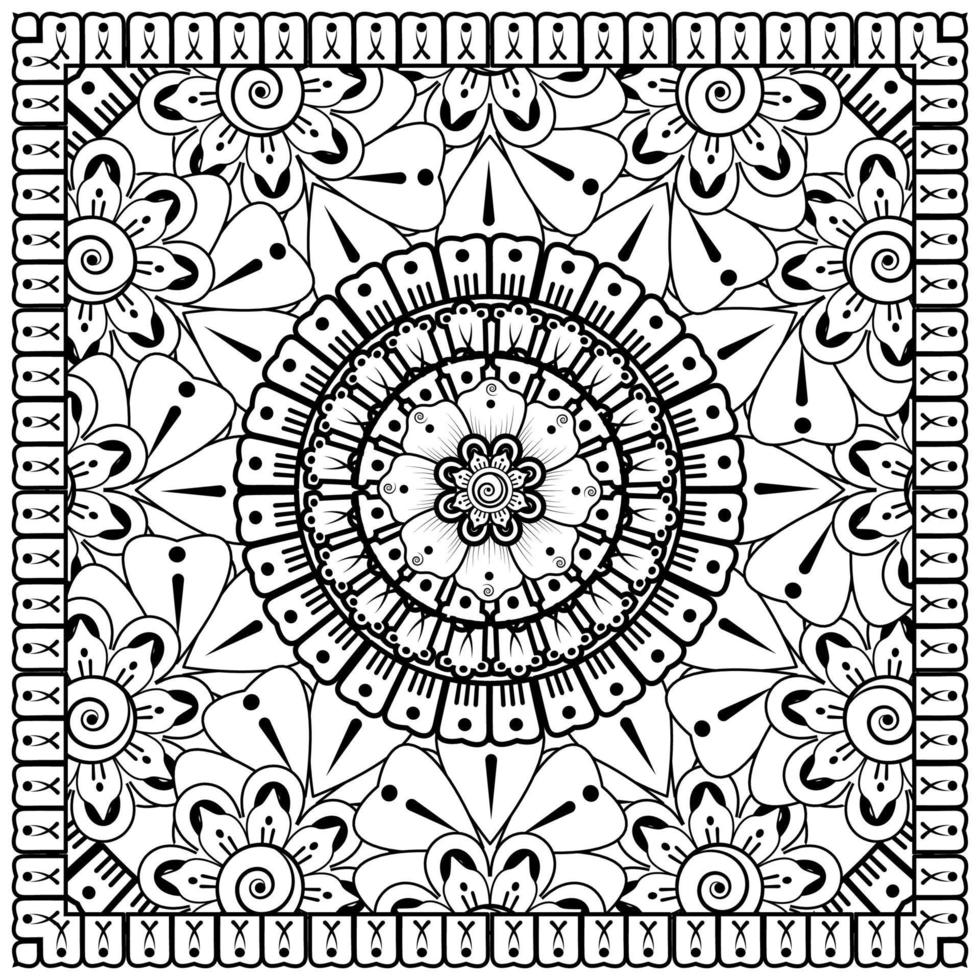 Outline square flower pattern in mehndi style for coloring book page vector