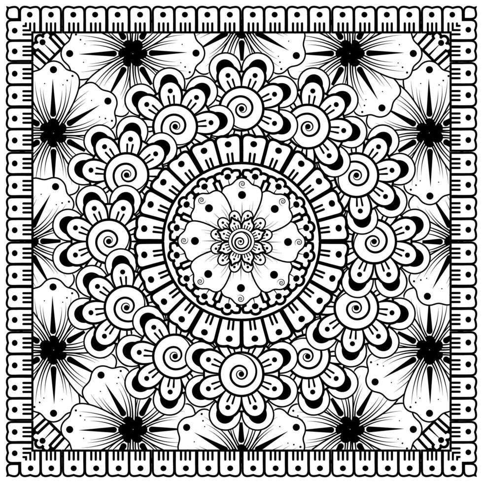 Outline square flower pattern in mehndi style for coloring book page vector