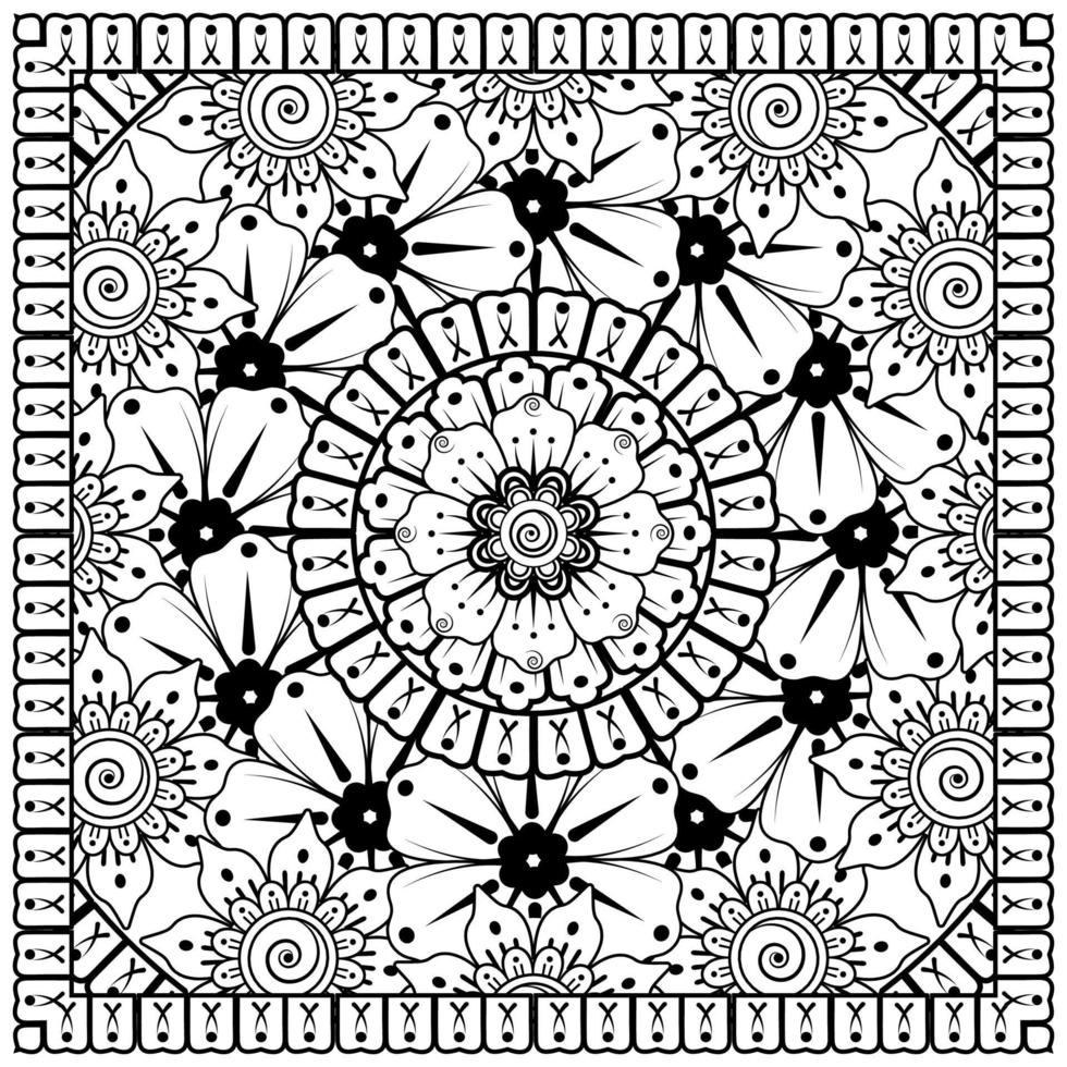 Outline square flower pattern in mehndi style for coloring book page vector