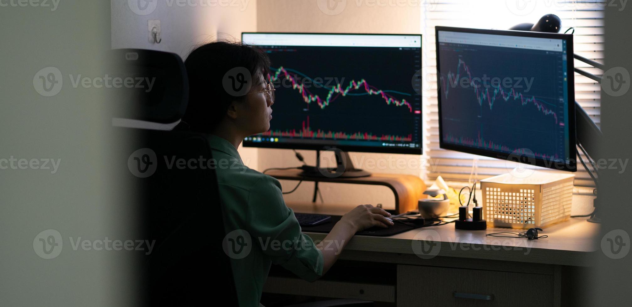 Asian businesswoman trading stock on computer photo