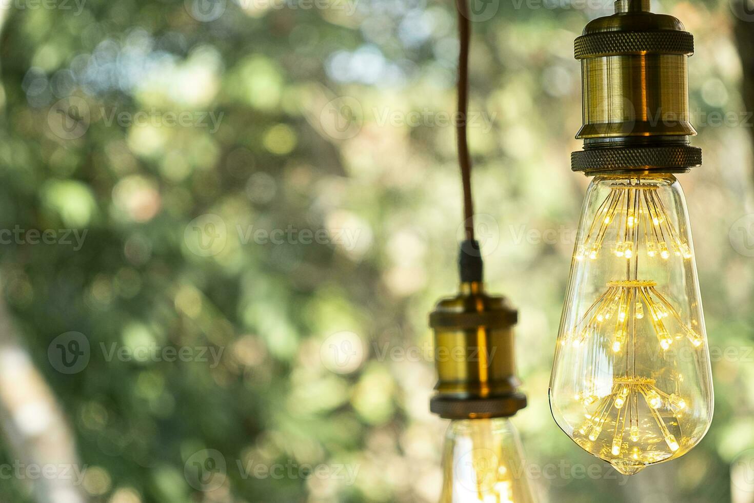 classic retro incandescent led electric lamp warm white on blur background, Vintage light bulb photo