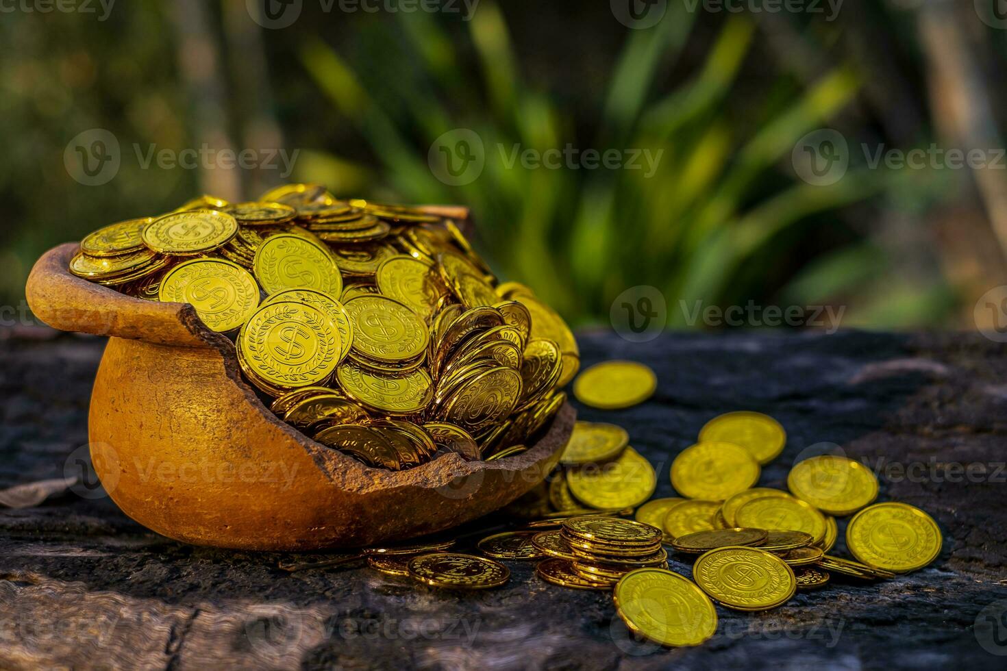 Gold coin in broken treasure jar photo