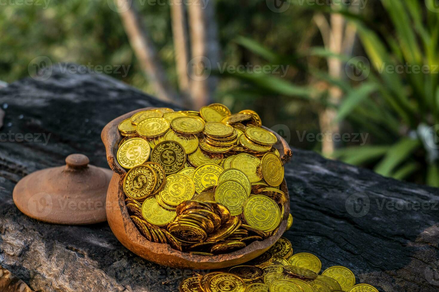 Gold coin in broken treasure jar photo