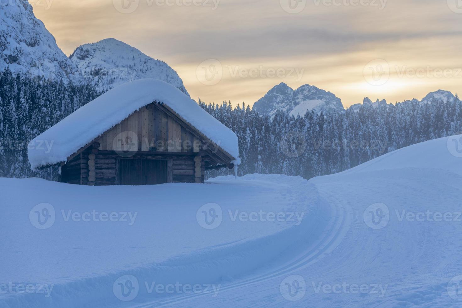 After the snowfall. Last lights of the twilight in Sappada. Magic of the Dolomites photo