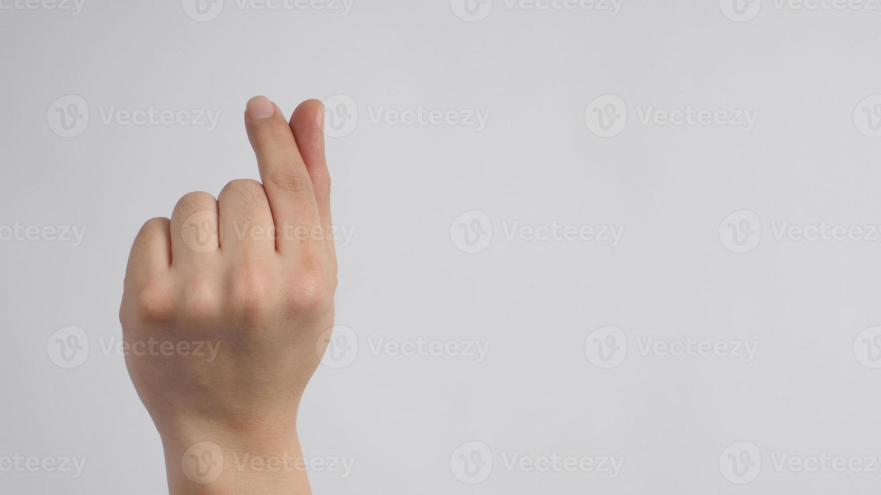 Right Hand is doing mini heart hand sign on white background. photo