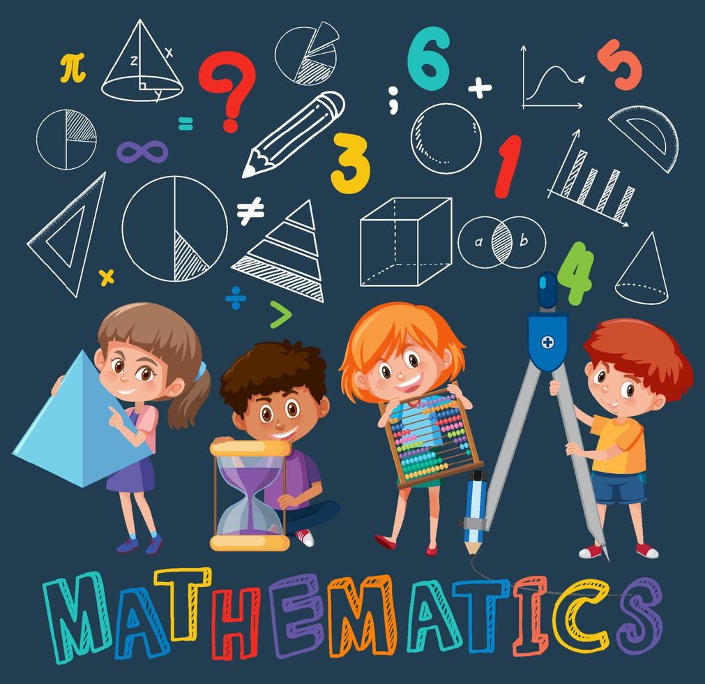 Kids holding math tools with math doodle objects vector