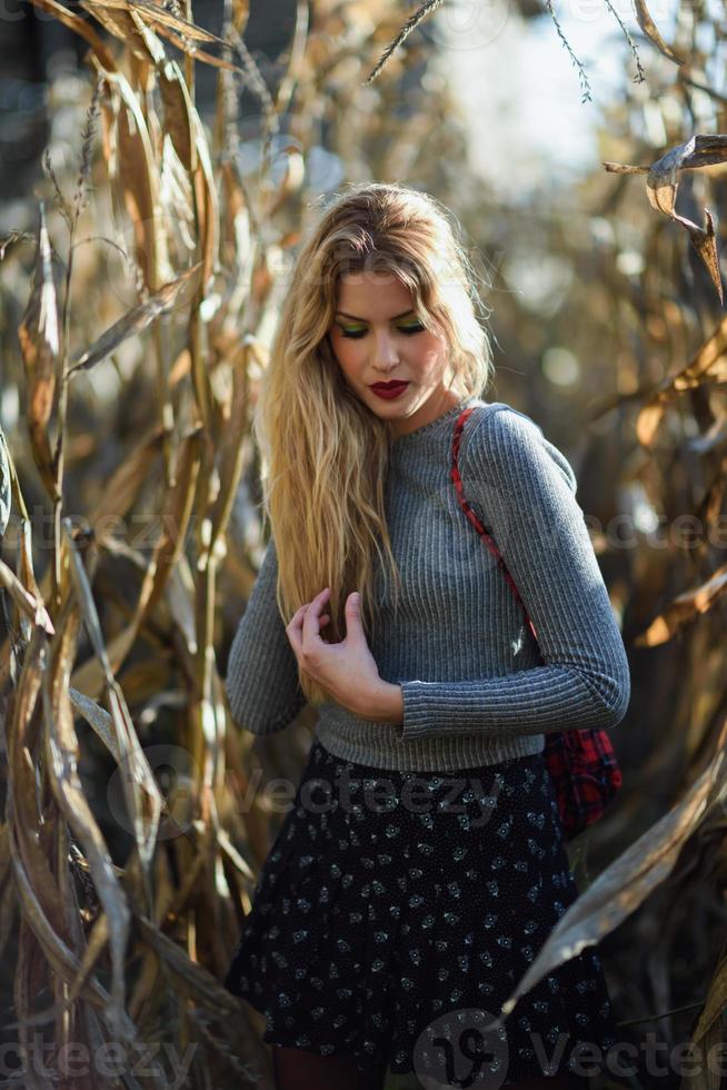 Blonde young woman in a cornfield wearing sweater and skirt photo
