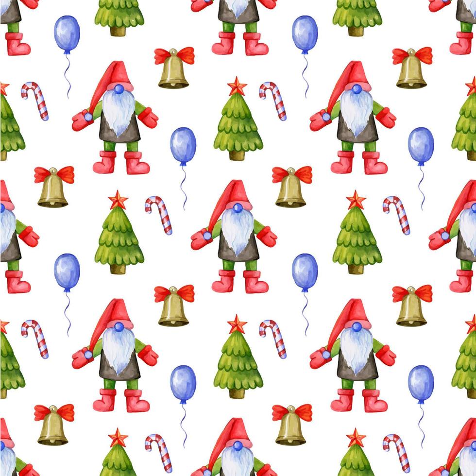 pattern with cute Christmas gnomes and fur trees and decorations depicted vector