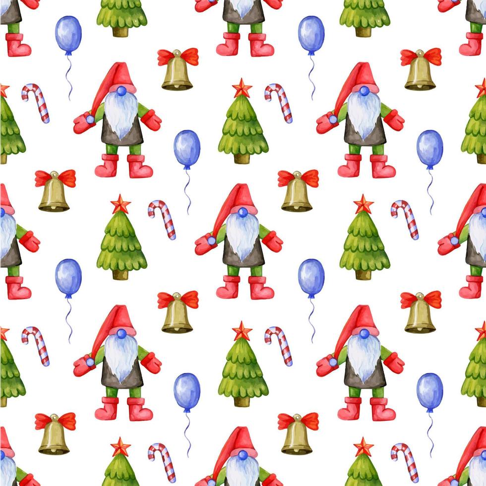 patrón con lindos gnomos navideños y árboles de piel y adornos representados vector