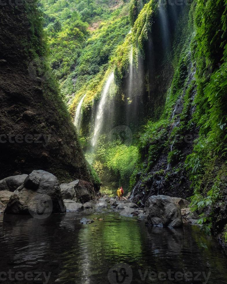 majestuosa cascada madakaripura que fluye en el valle foto