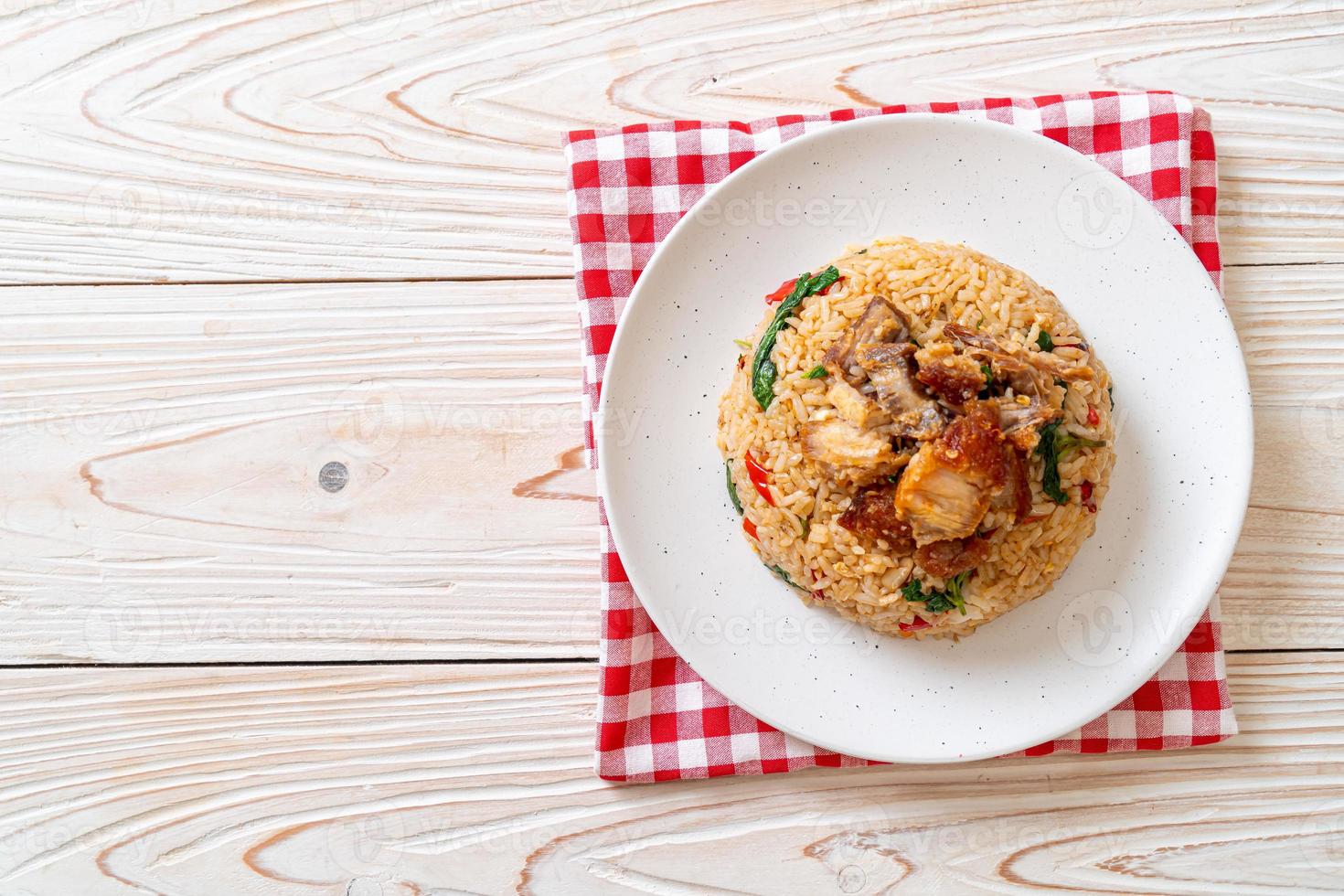 fried rice with Thai basil and crispy belly pork photo