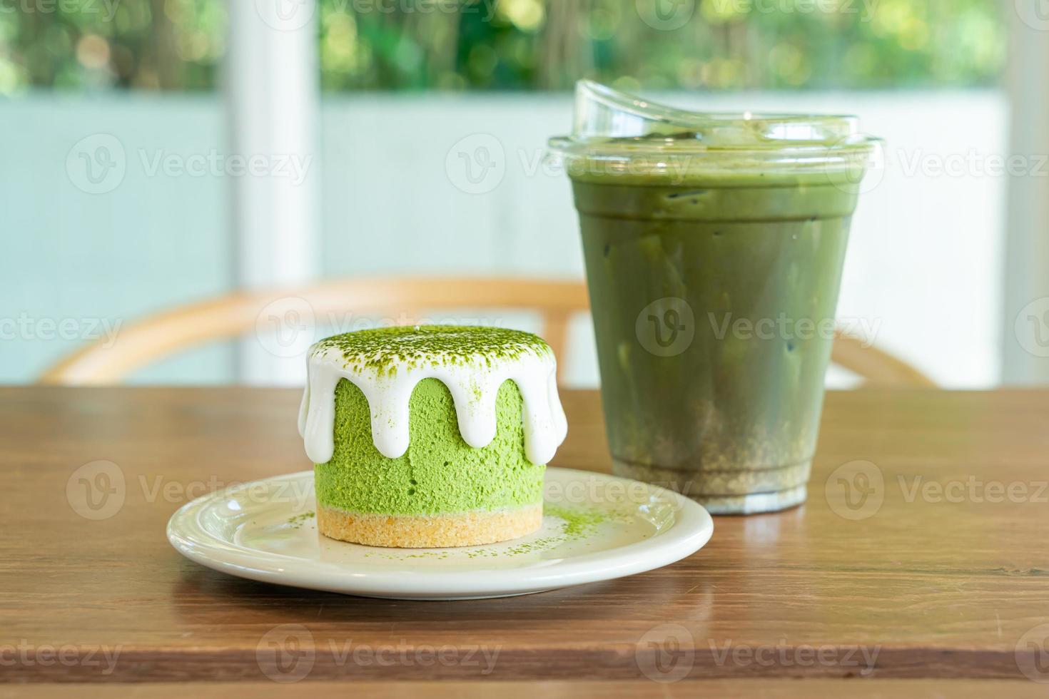 matcha green tea cheese cake with green tea cup photo