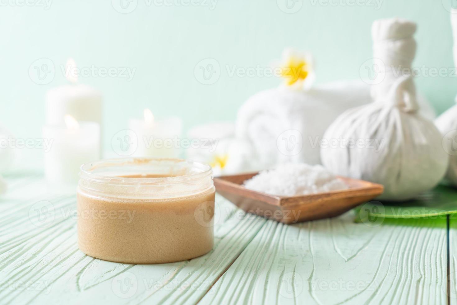 Spa treatments set on wooden background photo