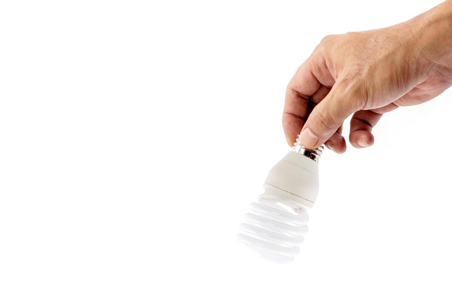Human hand holding fluorescent light bulb on white background. photo