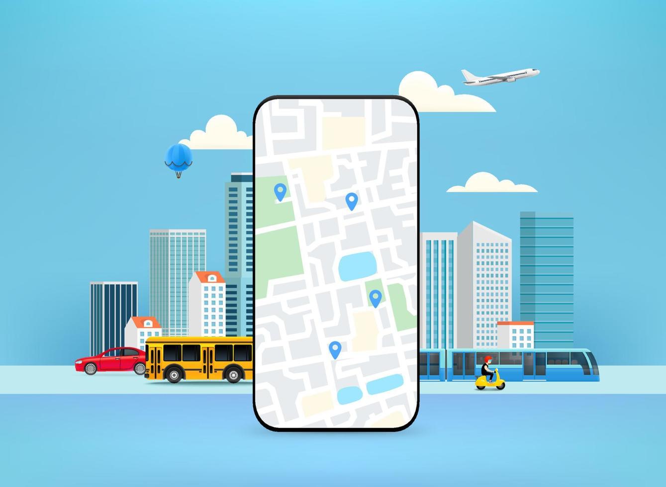 Smartphone with city map and pointers. Map app concept vector