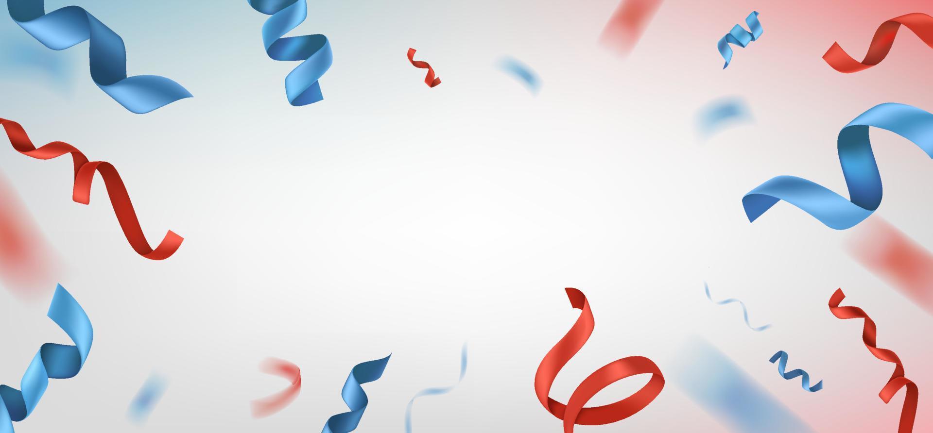 Blue and red silk flying ribbons. Realistic vector banner template for american or french holidays