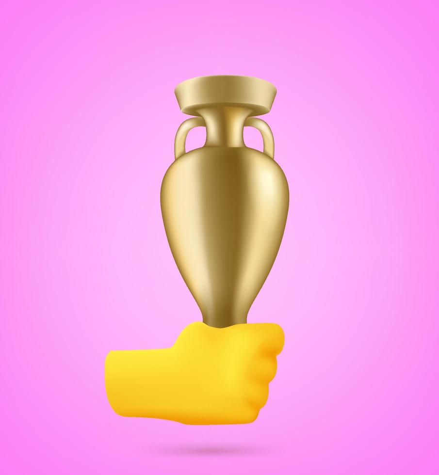 mano sosteniendo el trofeo de oro. Ilustración de vector de estilo 3d