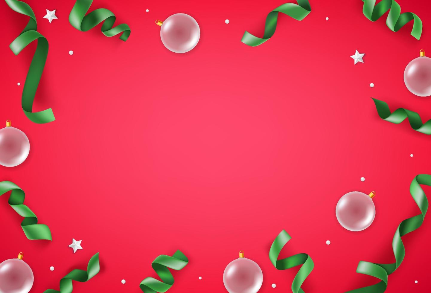 adornos blancos y cintas verdes sobre fondo rojo. banner de navidad con espacio de copia vector