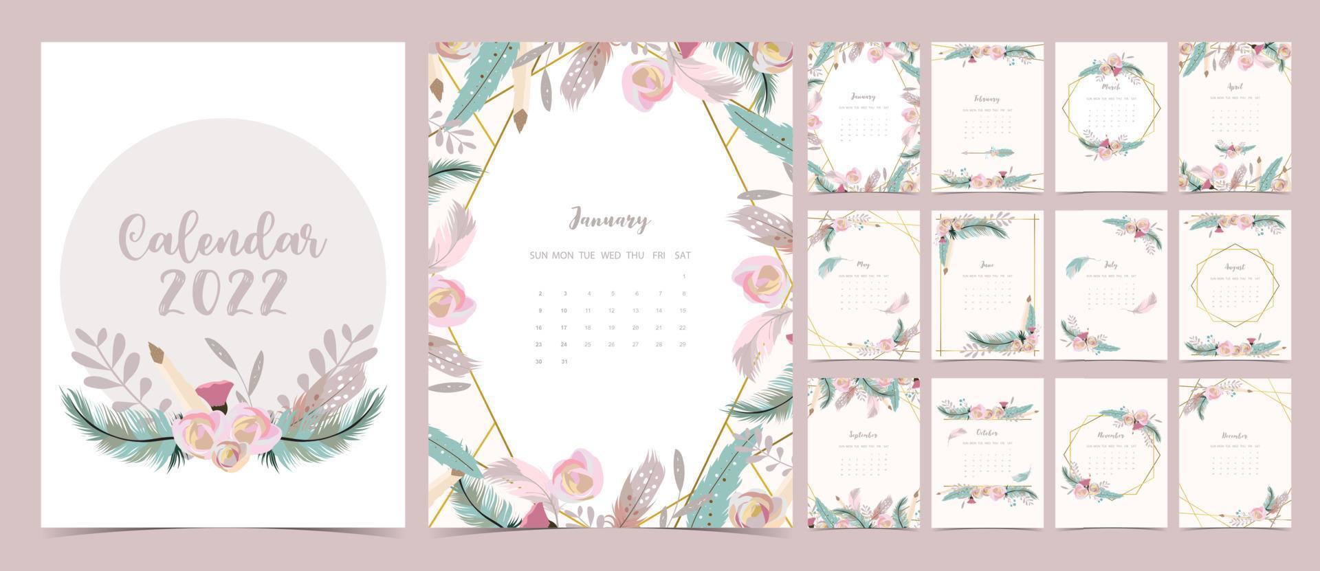 2022 table calendar week start on Sunday with feather and flower that use for vertical digital and printable A4 A5 size vector