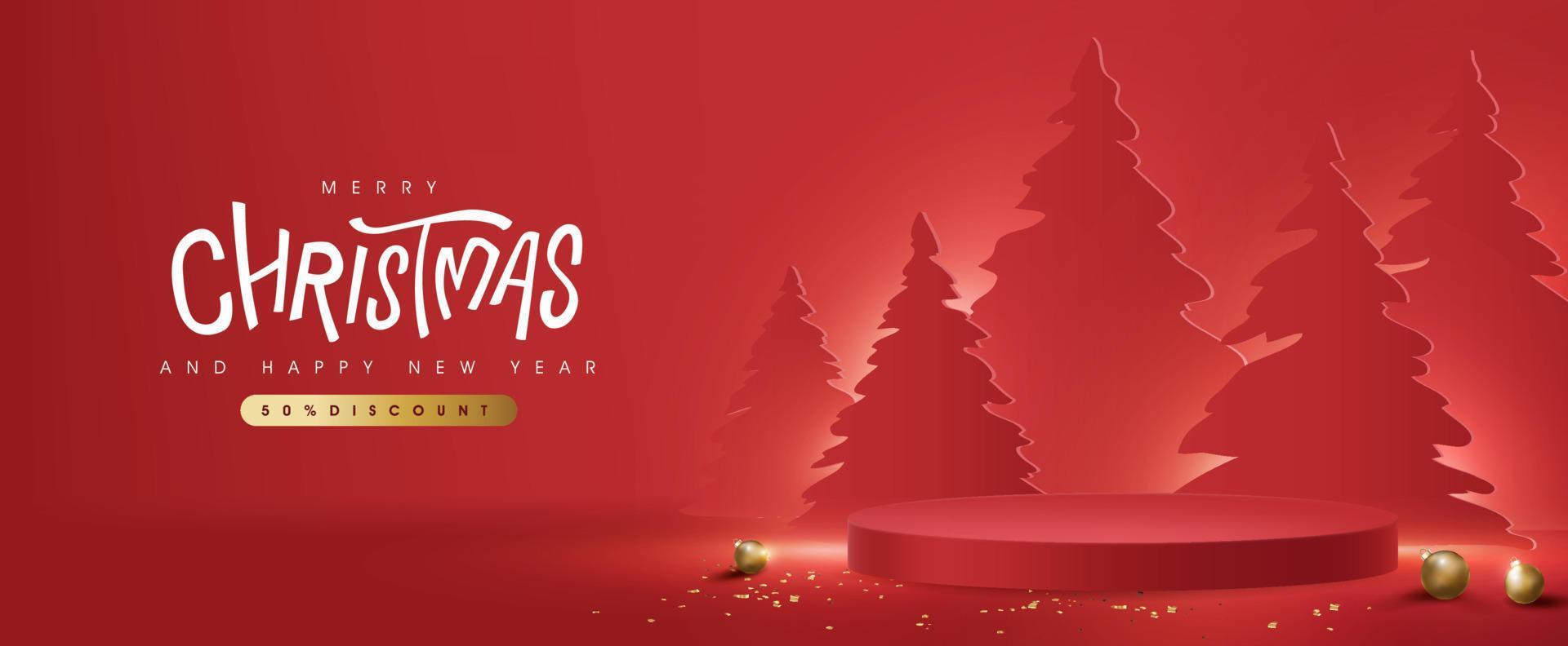 Merry Christmas banner with product display cylindrical shape and christmas tree paper cut vector