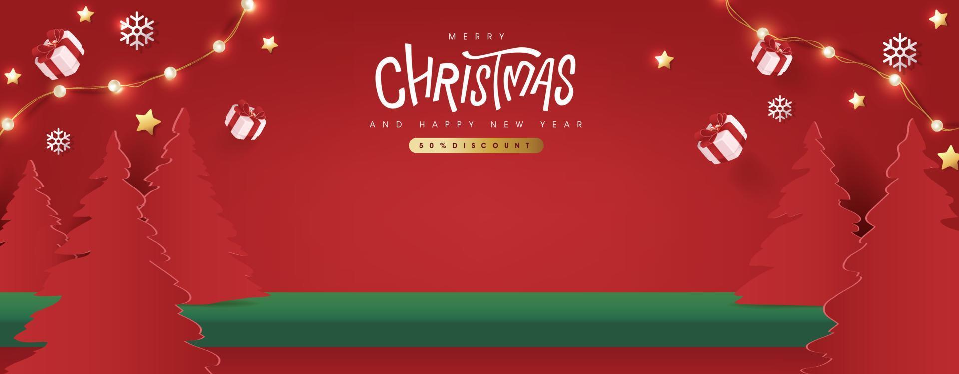 Feliz navidad banner studio mesa sala de productos mostrar espacio de copia vector