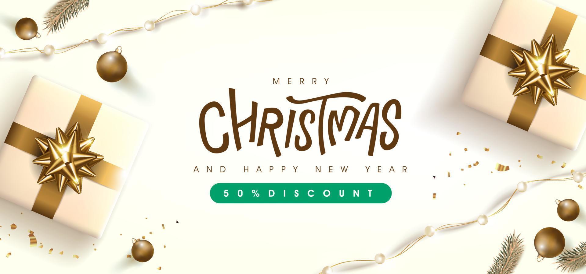 Merry Christmas sale banner template with golden festive decoration vector