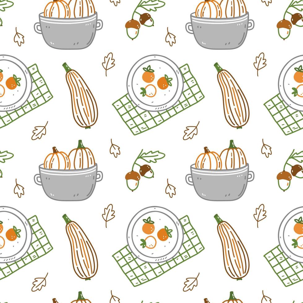 Seamless pattern with pumpkins, acorns and plates with persimmon vector