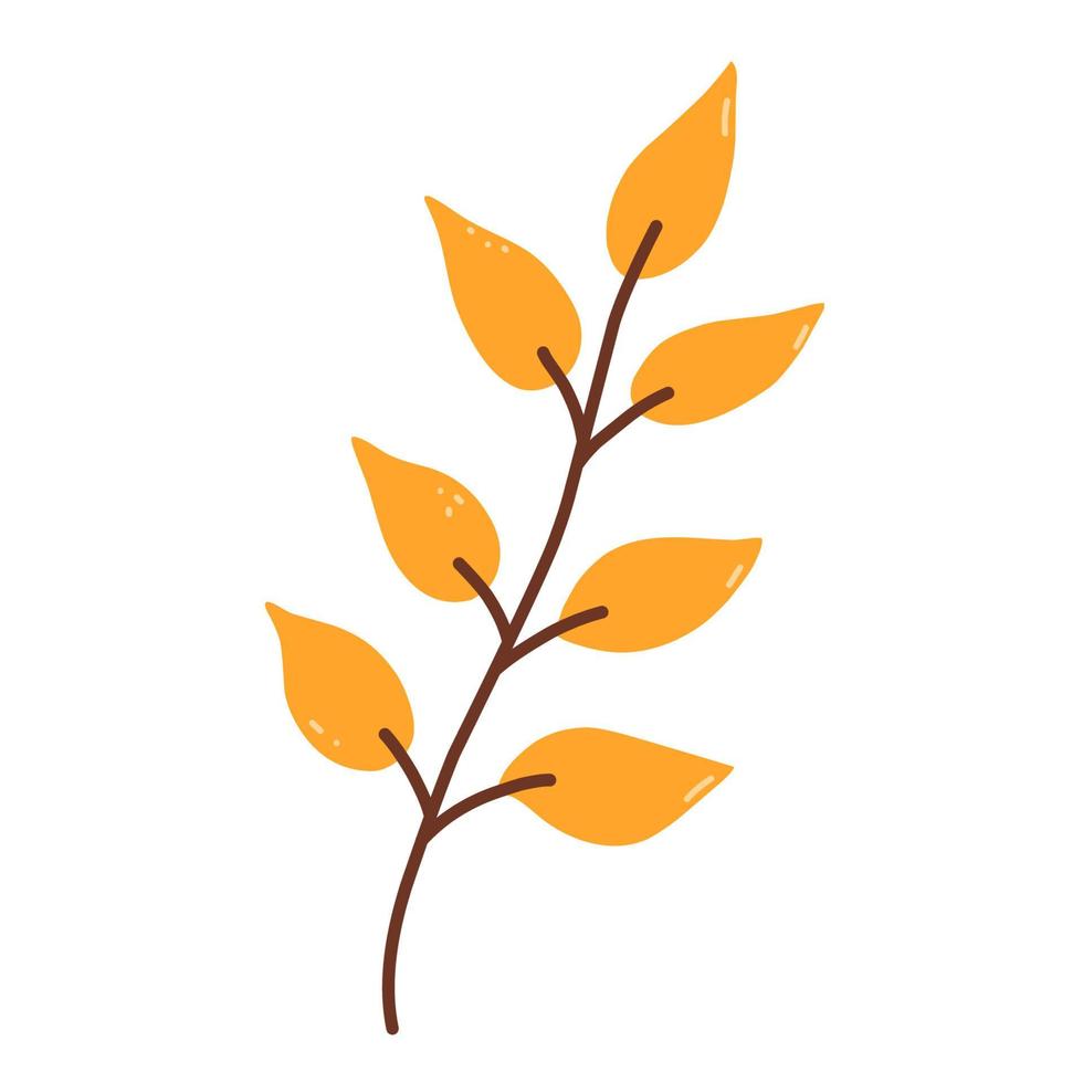 Twig with yellow leaves isolated on white background. Vector hand-drawn illustration in cartoon flat style. Perfect for your project, cards, invitations, print, decorations.