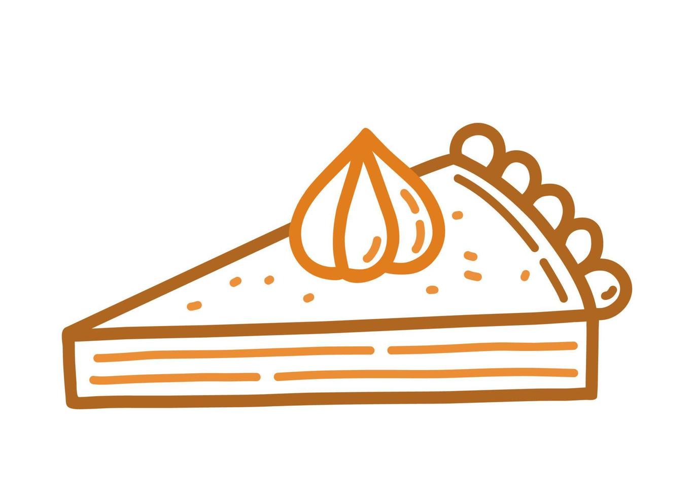 pedazo de pastel de calabaza con crema batida en estilo doodle. Ilustración de vector dibujado a mano aislado sobre fondo blanco. perfecto para tarjetas, logotipos, menús, diseños de otoño y vacaciones, decoraciones.