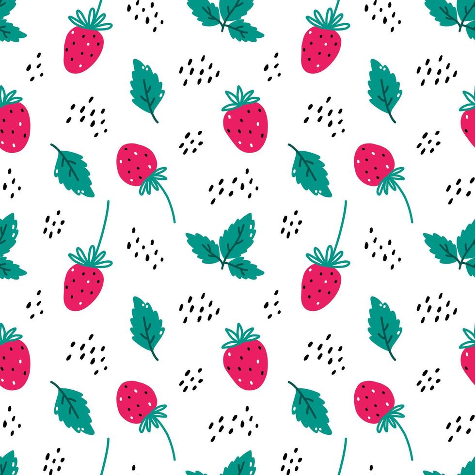 Cute seamless pattern with strawberry and leaves on white background. Vector hand-drawn illustration in cartoon style. Perfect for wrapping paper, textile, print, fabric.