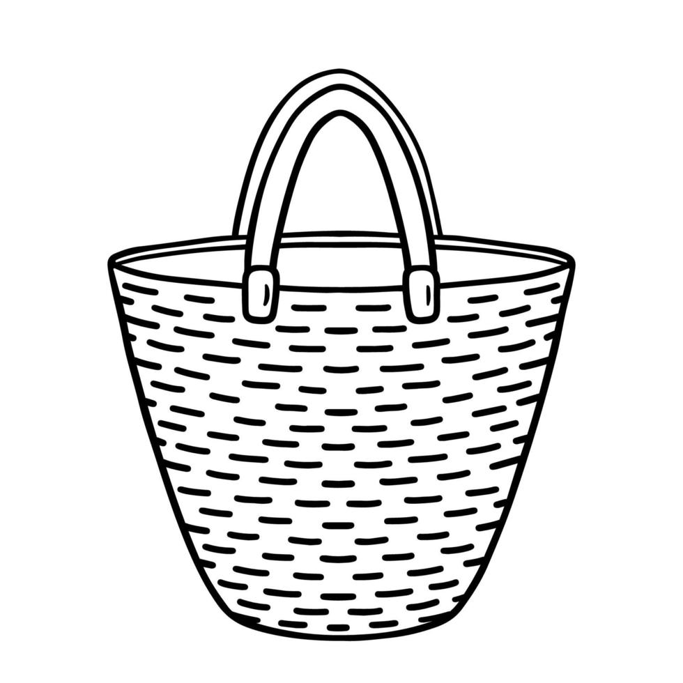 Straw beach bag isolated on white background. Vector hand-drawn illustration in doodle style. Perfect for your project, card, logo, decorations.