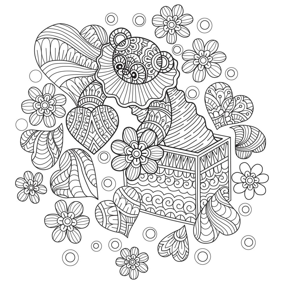 Teddy bear and gift box hand drawn for adult coloring book vector