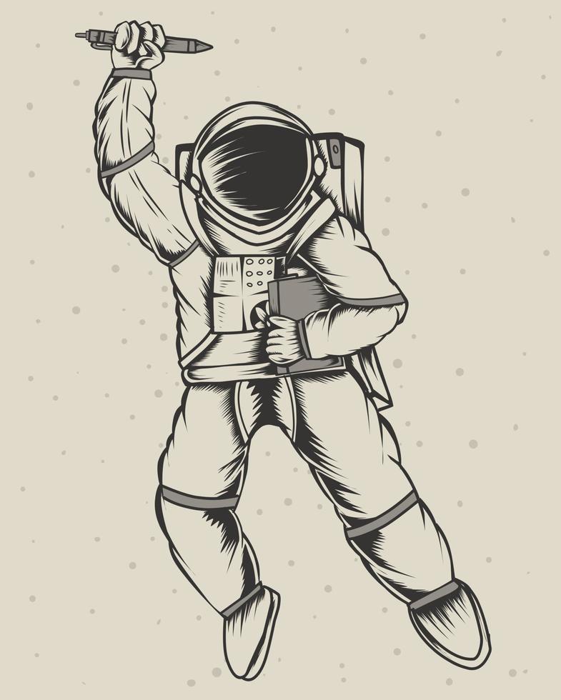 astronauta de ilustración sosteniendo el libro estilo monocromo vector