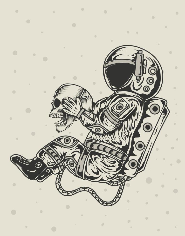 ilustración, astronauta, tenencia, cráneo, monocromo, estilo vector