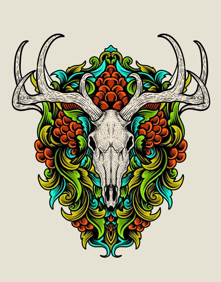 illustration deer skull with engraving ornament vector